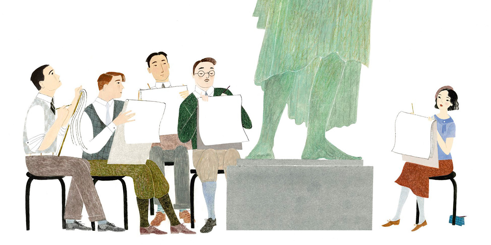 Illustration depicting Gyo Fujikawa at the foot of a statue in an art class. She is sitting apart from a group of male art students. They all have sketch pads and are drawing the statue.
